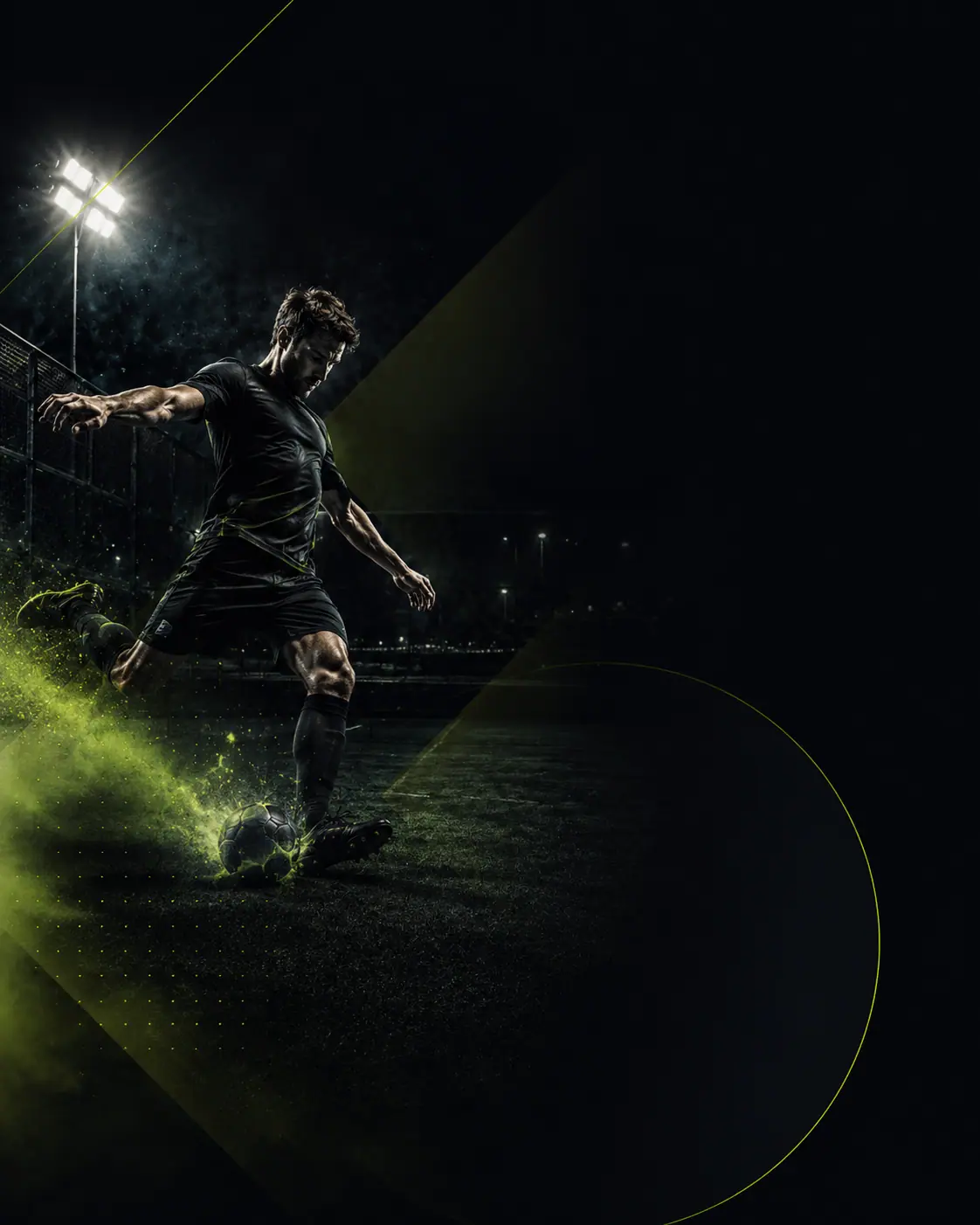 Jugador de fútbol rematando en un campo nocturno